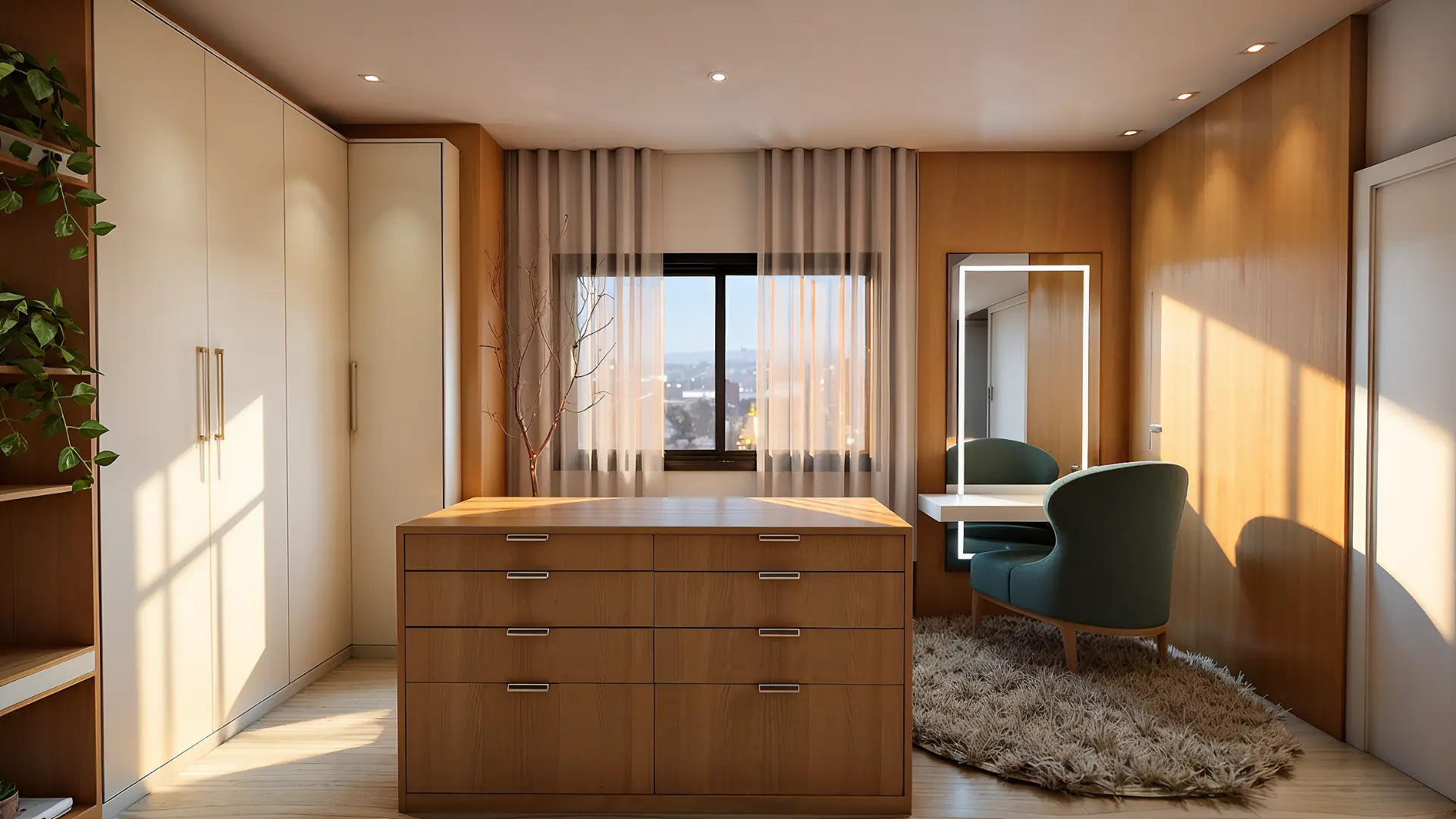 Closet planejado em madeira com penteadeira e iluminação natural