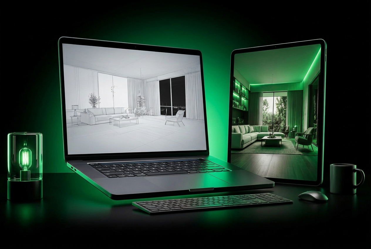 Tela de trabalho mostrando um projeto 3D simples transformado em ambiente ultra-realista